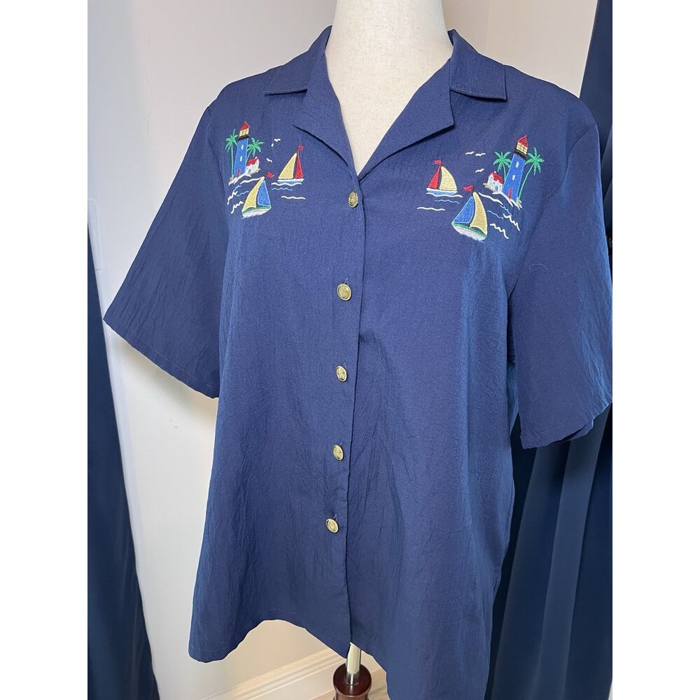 BON WORTH (L) NAVY Nautical Top Embroidered Sails-Coastal Grandma-Cottagecore SS
